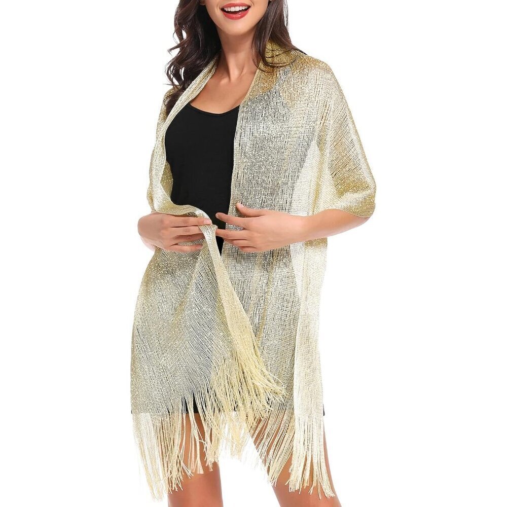 Metallic Sparkling Shawl Womens Formal Dress Wrap with Buckle Champagne Gold